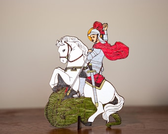 Saint George and the Dragon, Mini Saint Cutout Figurines, Birch Wood, 5" x 4", Laser Cut and Engraved, Made in the USA