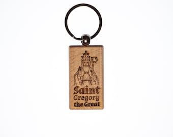San Gregorio Magno, llavero de madera maciza, grabado en EE. UU., católico