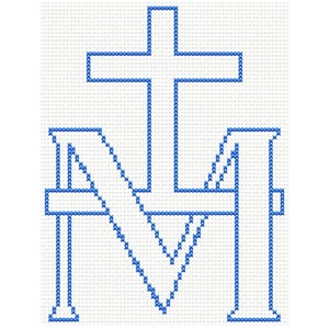 May include: A cross-stitch design featuring a blue cross above the letter "M" and a "V" shape. The design is stitched on a white fabric background. The cross and letter are outlined with blue thread.