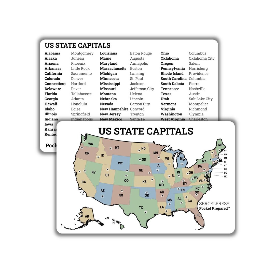US State Capitals Map Wallet Card – Geography Study Reference ...
