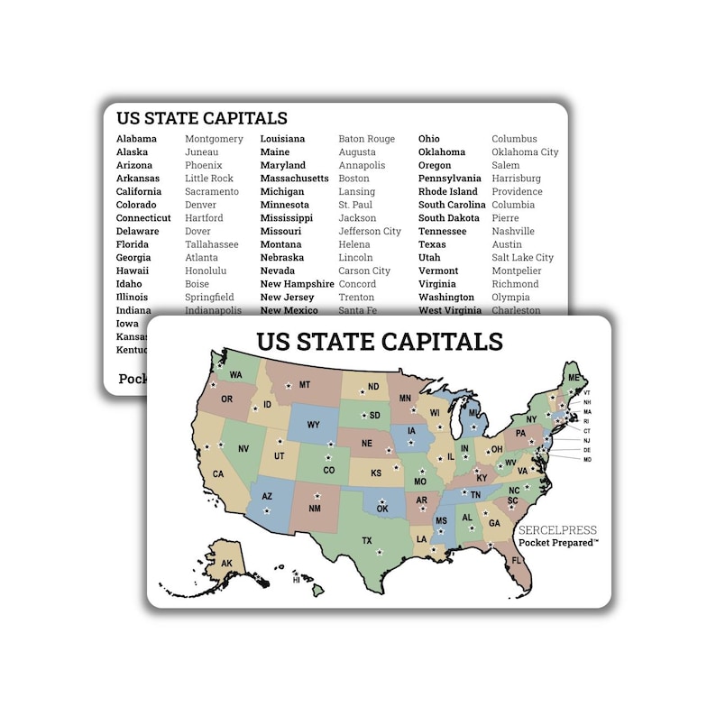 US State Capitals Map Wallet Card – Geography Study Reference ...