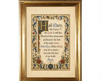 Lámina enmarcada del Ave María, arte católico de oración estilo manuscrito iluminado, marco dorado, decoración mariana para pared, arte sacro original, 5x7 o 8x10