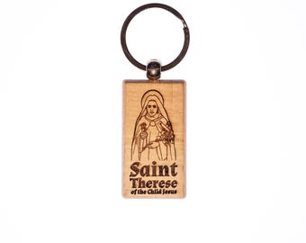 Llavero de madera maciza de Santa Teresa del Niño Jesús, grabado en EE. UU., católico, Santa Teresa