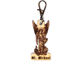 Saint Michael the Archangel Engraved Wood Keychain with Clip for Keys, Backpack, Purse, or Bag, Made in the USA, Catholic