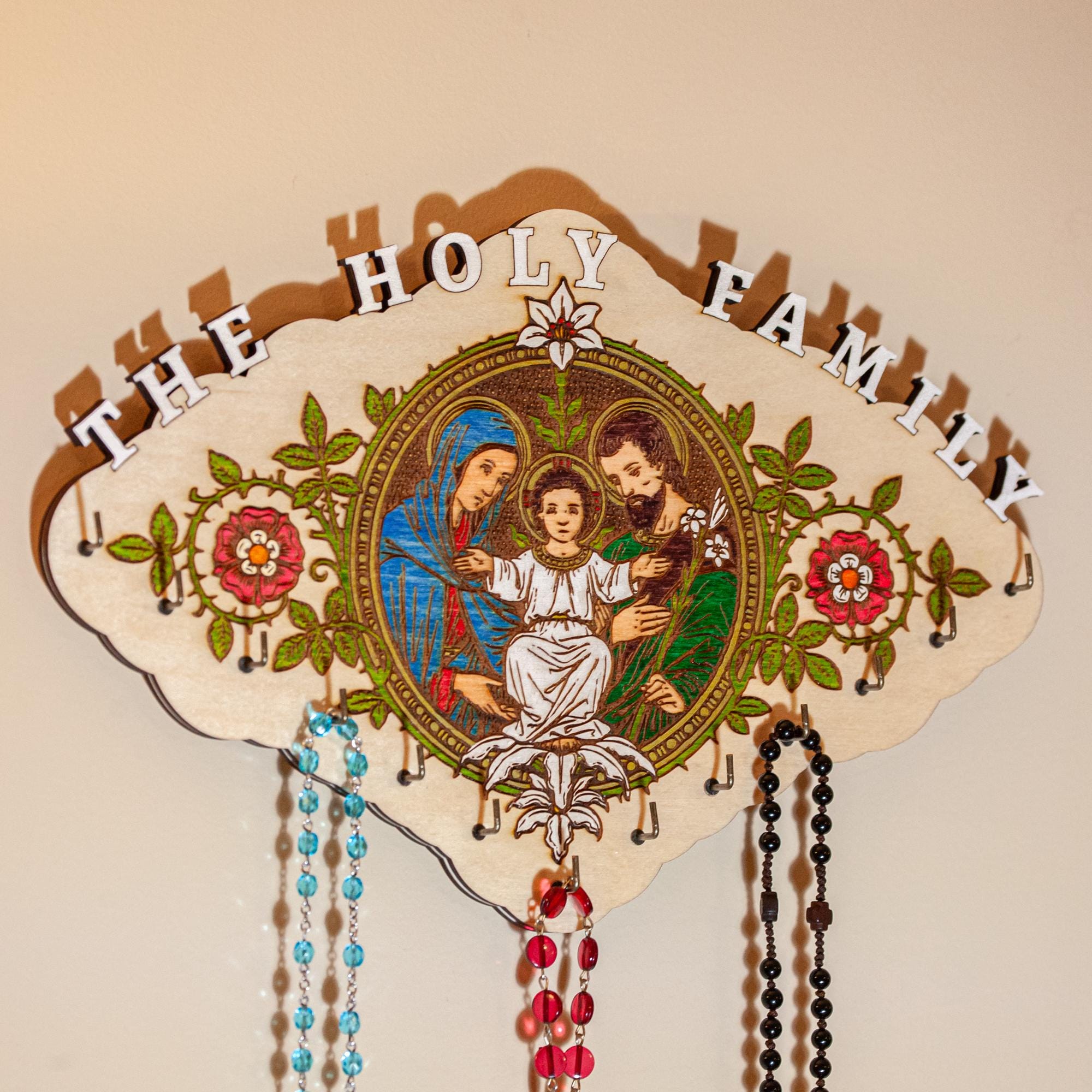 Large Hand-Colored Holy Family Rosary Hanger