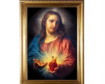 Sacred Heart of Jesus Framed Print, Catholic Wall Art for Home Consecration—June Devotion—Restored Antique Artwork, Gold Frame, 5x7, 8x10