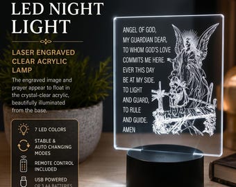 Guardian Angel LED Night Light – Clear Acrylic Prayer Lamp – Angel of God Engraved Light – Christian Bedroom Decor