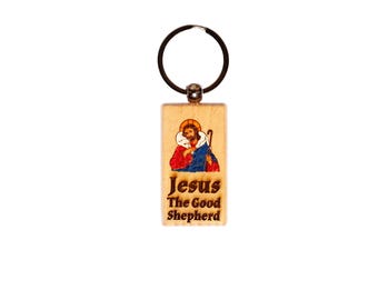 Llavero de madera maciza con la imagen de Jesús el Buen Pastor, coloreado a mano y grabado en EE. UU. (Católico).