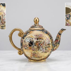 Théière Moriage Satsuma, porcelaine émaillée peinte à la main avec détails dorés