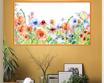 Original Floral Landscape Oil Painting on Canvas, Colorful Abstract Wall Art