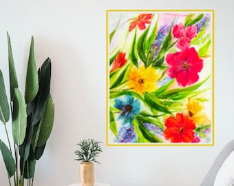 Abstract Colorful Flower Oil Painting on Canvas, Original Floral Painting, Blossom Painting, Modern Large Wall Art, Living Room Home Decor