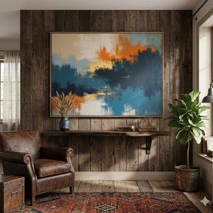 Large Abstract Canvas Art, Navy Burnt Orange Gold Leaf Textured Painting, Horizontal Minimalist Decor
