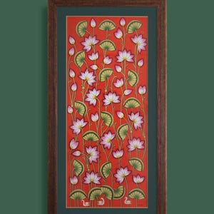 Lotus Painting, Pichwai Lotus Art Print, Traditional Indian Wall Art, Water Lily Art, Pink Lotus Flowers, Giclée painting
