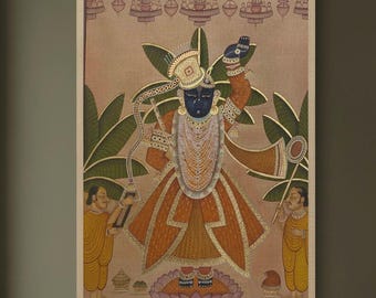 Original handgemachtes Picwai Bild von Shrinathji | Traditionelle Indische Tempelmalerei auf Stoff/Leinwand | Nathdwara Stil