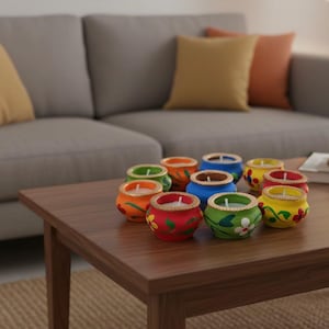 Puede incluir: Una colección de coloridos candelabros pintados a mano con velas encendidas, dispuestos sobre una mesa de centro de madera. Los candelabros están pintados en rojo, verde, azul, naranja y amarillo, con diseños florales. Un sofá gris y cojines en el fondo.