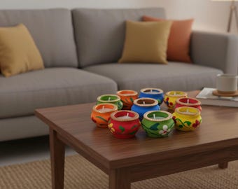 Lâmpadas Matki Diya vibrantes, decoradas à mão | Lembrancinhas de Diwali em grande quantidade | Presente indiano | Conjunto exclusivo de 10 lâmpadas de óleo de barro decorativas em estilo henna