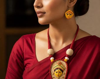 Handmade Terracotta Durga Necklace Set | Indian Folk Art Jewelry | Ethnic Clay Statement Necklace and Earrings | Bohemian Goddess Gift
