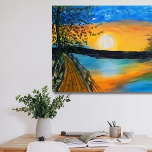 Original Sunset Seascape On Canvas, Large Wall Art, Abstract Yellow Ocean Landscape Painting, Custom Painting, Living Room Decor