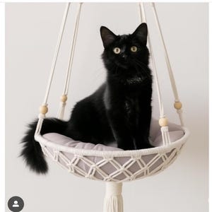 Op de afbeelding: Een zwarte kat zit in een macramé kattenmand. De kattenmand is wit met een grijs kussen en houten kralen. De kat heeft gele ogen en kijkt recht in de camera. De kattenmand hangt aan een wit touw.