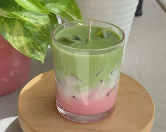 Strawberry Matcha Latte Candle – Realistic Iced Drink Candle | Handmade Soy Wax Candle | Unique Gift for Coffee & Tea Lovers vanilla scent