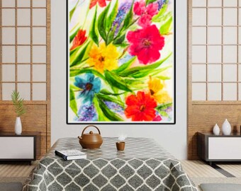 Original Nature Flower Landscape Oil Painting on Canvas, Large Abstract Colorful Floral  Painting Modern Wall Art Living Room Decor