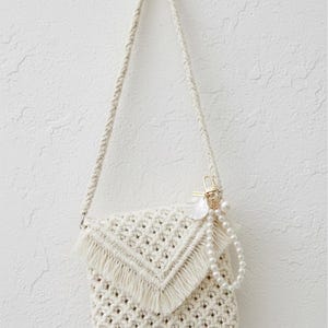 Boho Macrame Crossbody Bag with tassel – Handmade Cotton – Festival Sling Bag – White Crochet Shoulder –Bohemian Summer (size 10x8 inch)