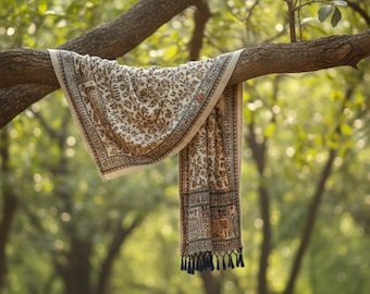 Dupatta Kalamkari pintada a mano, dupatta de seda Chanderi, bufanda étnica india, dupatta festiva tradicional, estola para sari, regalo para ella.