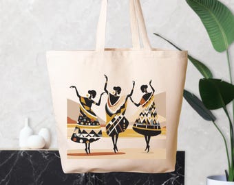 Afrocentric Art Cotton Canvas Tote Bag, Dancing African Women