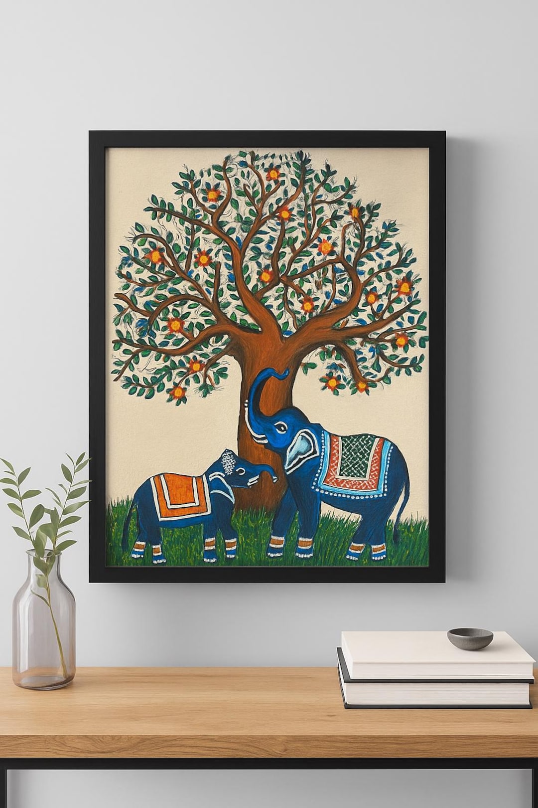 Indian Folk Art Elephant Painting, Madhubani Style Elephant and Tree of ...