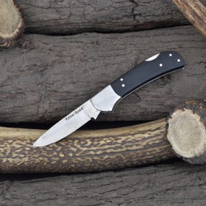 Back Lock Folding Blade Pocket Knife with Leather Pouch- Black Canvas Micarta Handle