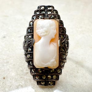 1920s-30s Art Deco Cameo Pinky Ring: Sterling Silver Marcasite, Signed