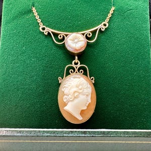 Vintage Unoaerre 12k Gold Cameo 18.5&quot; Necklace: Hand Carved Shell, Italian Mid-Century