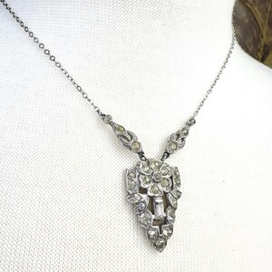 c1930s Art Deco White Metal and Paste Diamonds 16" Pendant Necklace