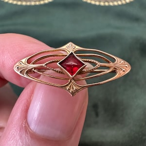 Antique 10k Gold Brooch Pin with Paste Ruby Art Nouveau