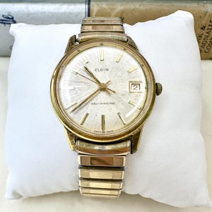 c1950s Elgin Men&#39;s Self-winding Waterproof Wristwatch & Calendar 17 Jewels w/ Speidel 10k Gold Fill Watch Band Mid-Century Vintage 849