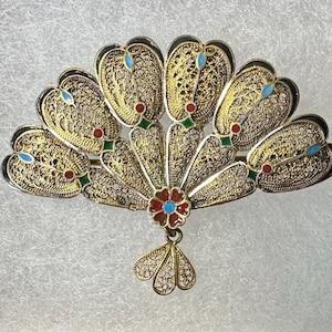 Portuguese Vermeil Gold Wash 925 Silver Filigree and Enamel Fan Brooch Pin with Tube Trombone Catch Signed Safir Portugal, Vintage Antique