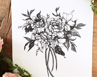 Peony Floral Bouquet Print | Botanical Fine Art Print