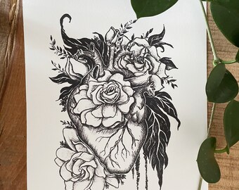 Floral Anatomical Heart | Fine Art Print | Floral Heart Tattoo Drawing