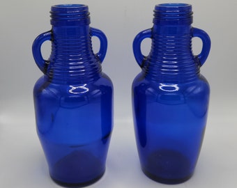 Cobalt Blue Glass Jug Bud Vase Dual Handle, 1990's Blue Luna Cafe Beverage Container Bottle Collector Item, Vintage Home Decor