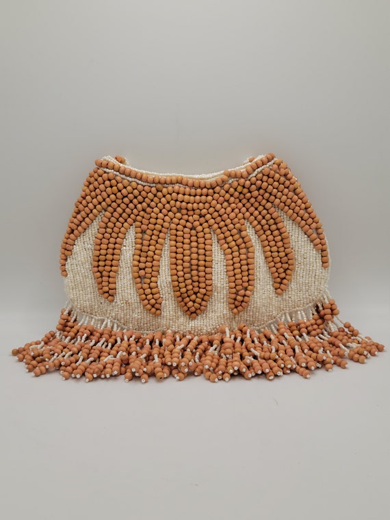 CREAM & BROWN BEADED 1970s Fringe Purse