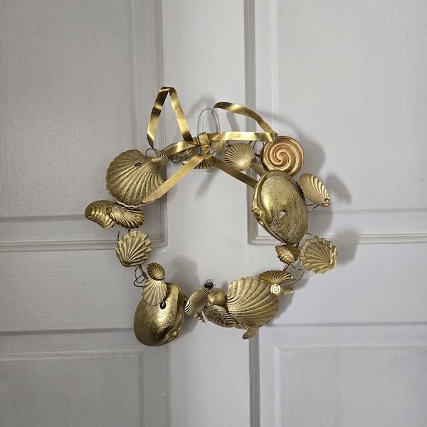 Antique Brass Dresden Sea Shell Wreath, FREE SHIPPING, Petit Choses Dresden Choses Brass Shell Wreath, Coastal Decor,Door Ornament 12"