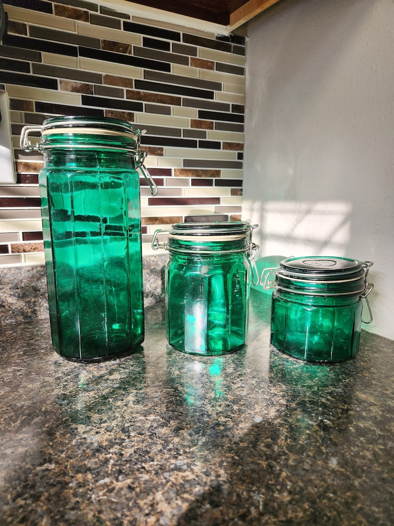 Vintage Green Glass Canisters Teal Aqua Canister Jars With Wire Bale