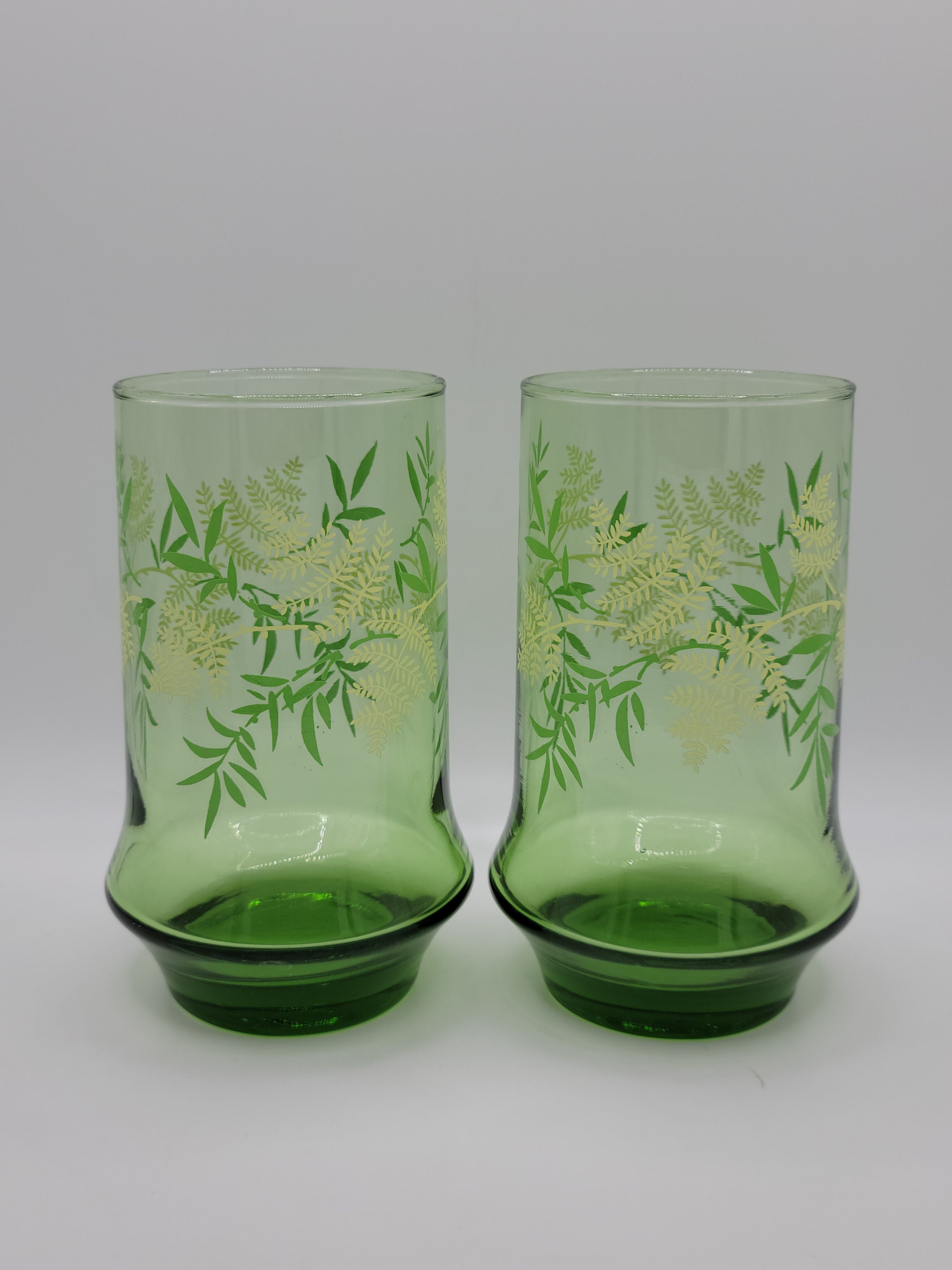 Green Glasses Tumblers White Fern Leaves Vintage Set Of 4