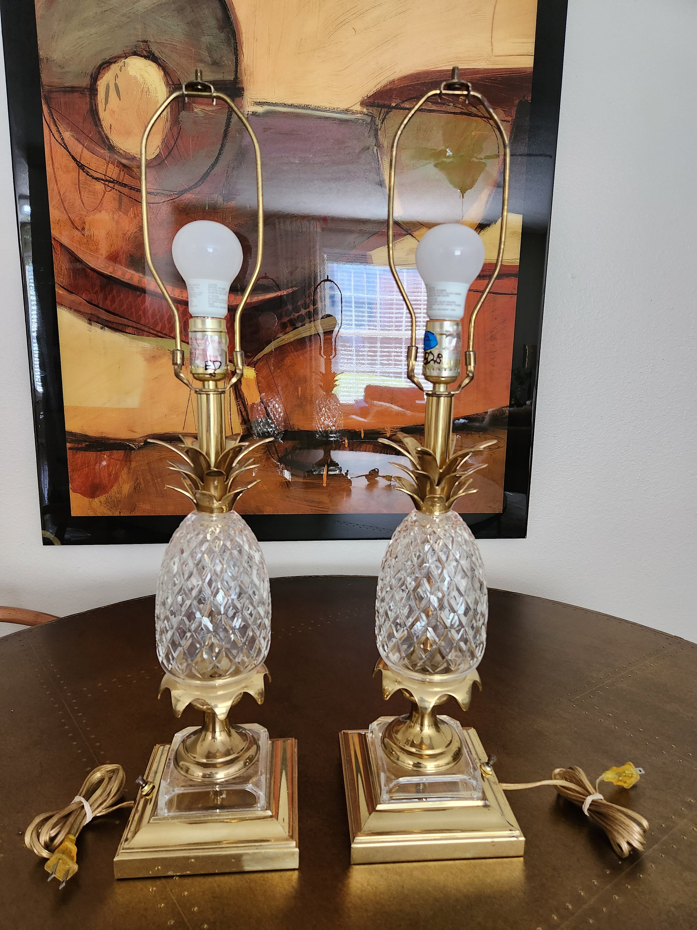 Set of Crystal Pineapple & Brass Table Lamp 