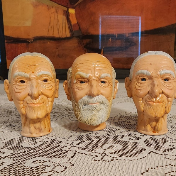 Vintage Ceramic Face Molds of Elder Man and Woman Halloween Decor Dolls Parts