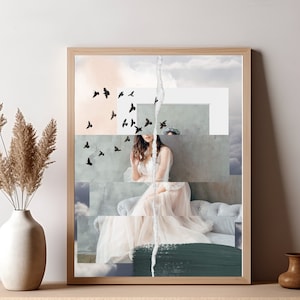 Cloudy Sky Printable Art - Woman & Birds Portrait - Dreamy Digital Collage Print
