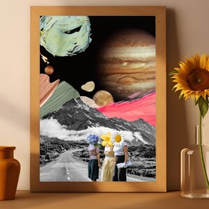 Galactic Mountain Road Collage - Women, Flowers, Outer Space - Digital Art Printable