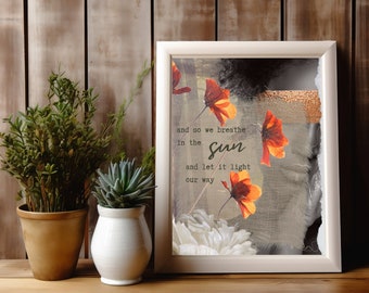 Golden Hour Printable Poetry Art - Floral Woman Portrait - Digital Download Collage