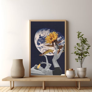 Vintage Sunflower Collage - Surreal Art - Outer Space Download - Digital Art Printable