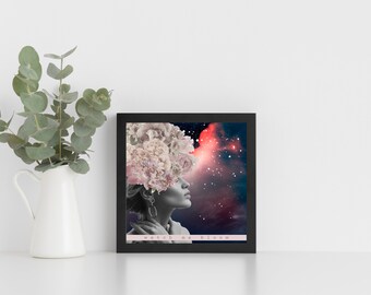 Outer Space Printable Collage - Portrait of Floral Woman - Digital Download Poetry